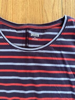 DULUTH Trading Striped Tee - long sleeve eggplant red and gray XL